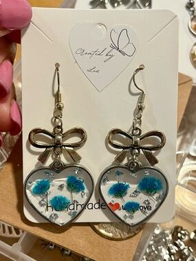 Handmade Heart Drop Earrings with Turquoise Flowers